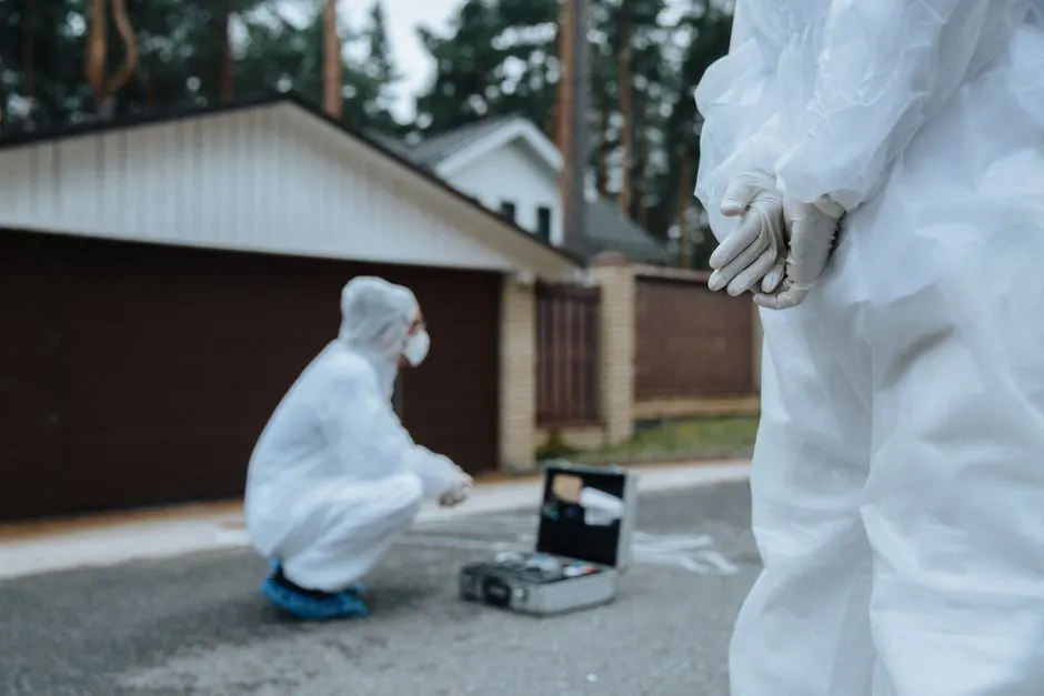 Technician in protective gear using detection equipment to check for gas leaks at a Georgetown, Texas property.